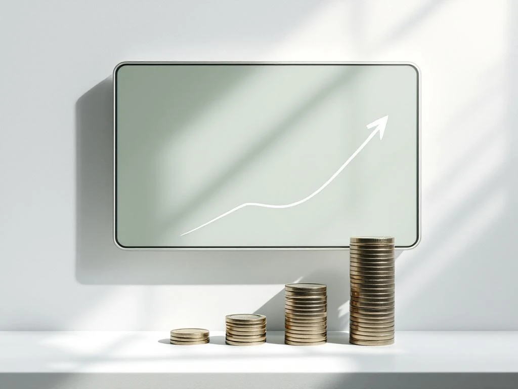 Gereconditioneerd interactief displaybord met gestapelde euromunten en stijgende pijl op witte achtergrond