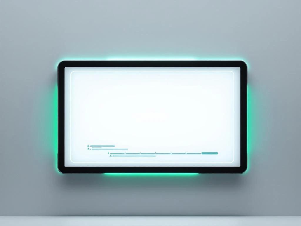 Modern interactief displaybord met groene verlichting, cirkelvormige ringen en tijdlijn in minimalistische witte ruimte