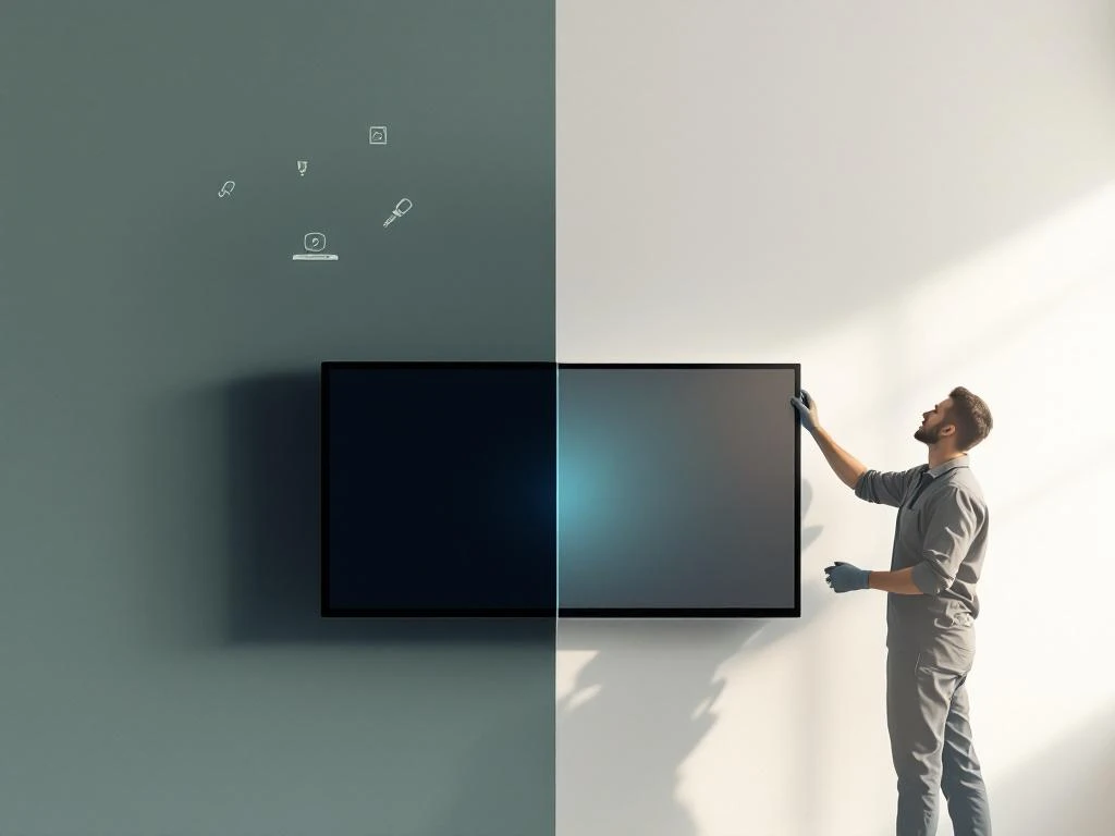 Technicus installeert digitaal scherm op witte muur met gereedschapspictogrammen in split-screen weergave