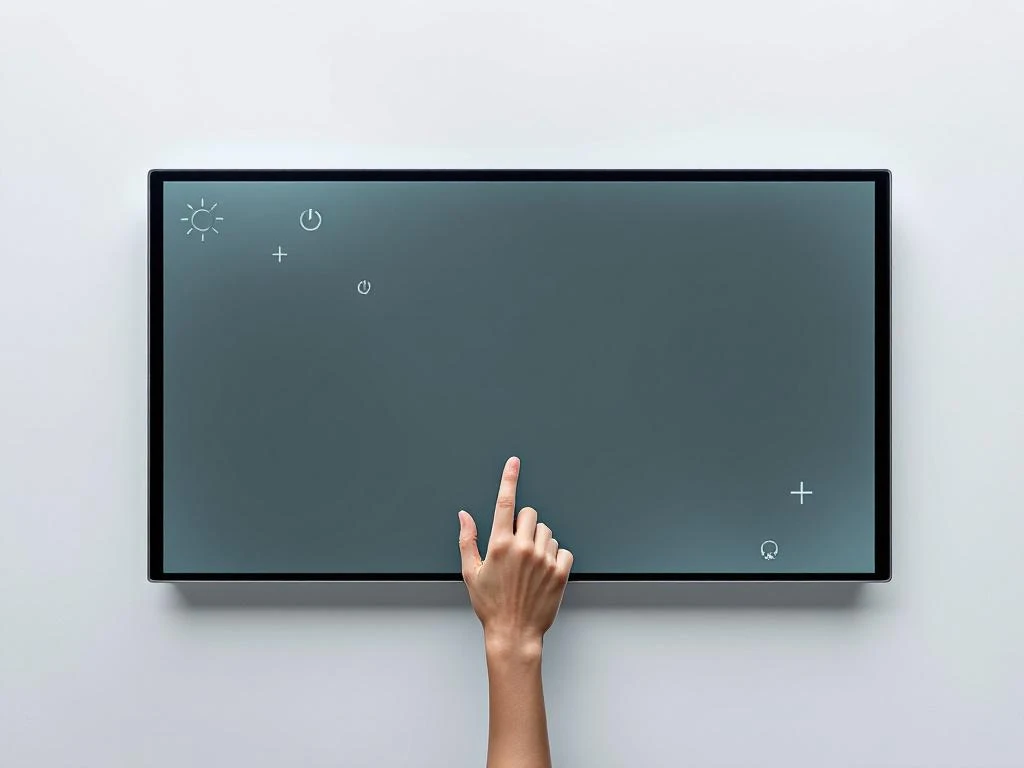 Hand reikt naar niet-responsief interactief display met zwevende probleemoplossings-iconen op witte achtergrond