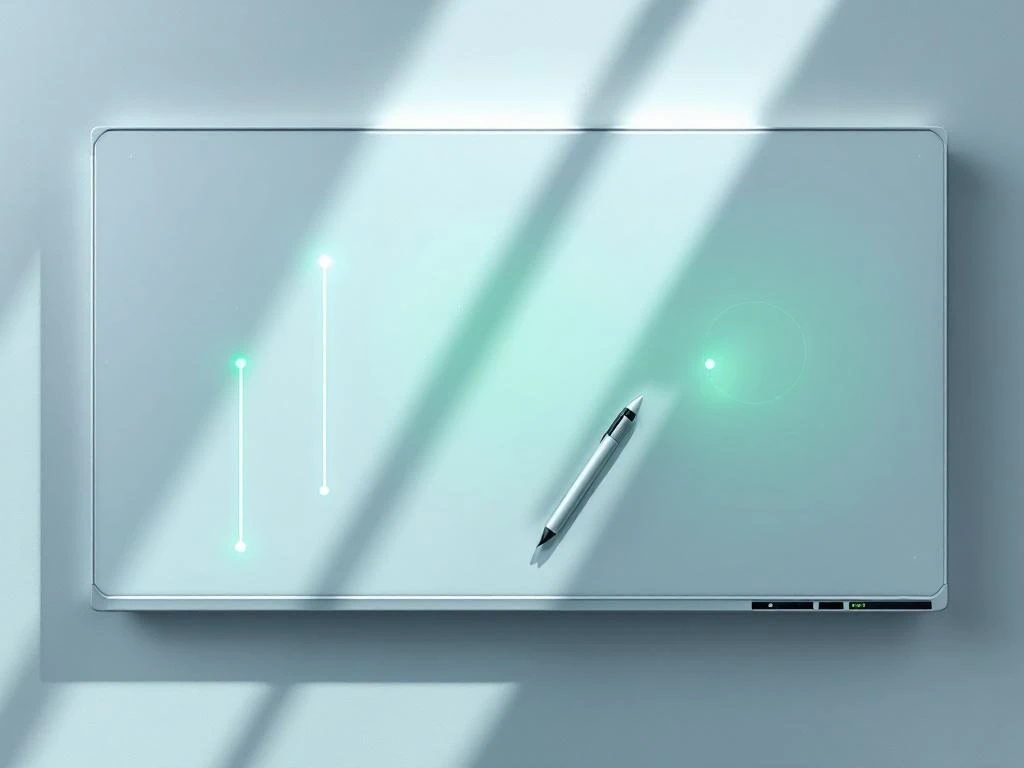 Interactief whiteboard met groene kalibratiepunten en digitale pen in minimalistische bovenaanzicht