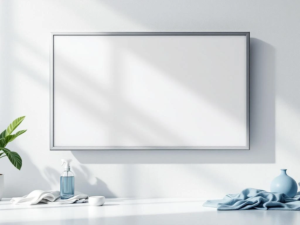 Wit interactief digitaal bord aan muur met microvezeldoek, sprayflacon en onderhoudspictogrammen voor duurzame verzorging