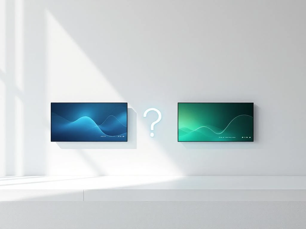 Twee moderne interactieve schermen met blauwe en groene interface, verbonden door een vraagteken op witte achtergrond