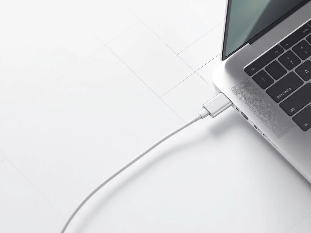 Zilveren MacBook laptop verbonden met digitaal bord via USB-C kabel op witte achtergrond met geometrische lijnen