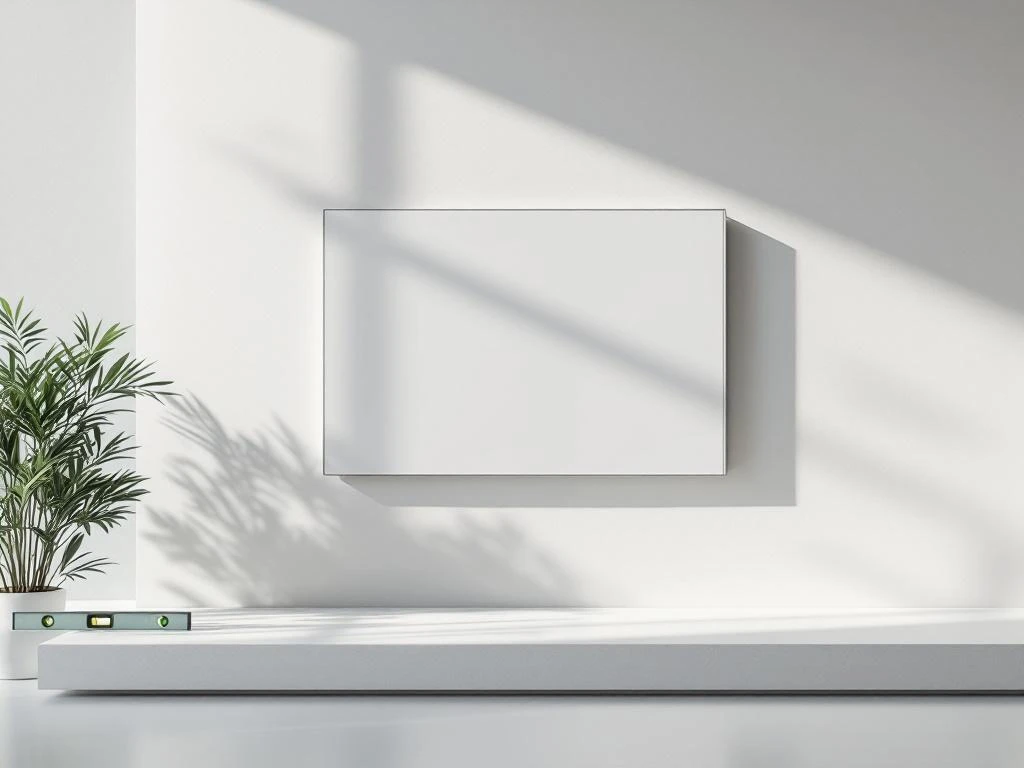 Moderne digitale display gemonteerd op minimalistische witte muur met geometrische schaduwen en waterpas
---
**Feedback Request**: Does this alt text meet all requirements? Let me know if adjustments are needed.