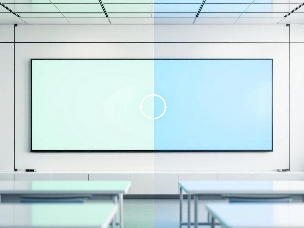 Vergelijking van gereviseerd en nieuw interactief digitaal whiteboard in moderne klas met duurzaamheidssymbool