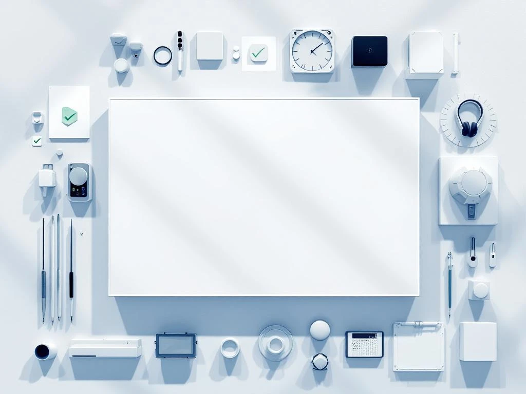 Interactief displaybord met testapparatuur en kalibratie-instrumenten in symmetrische opstelling met klinische verlichting