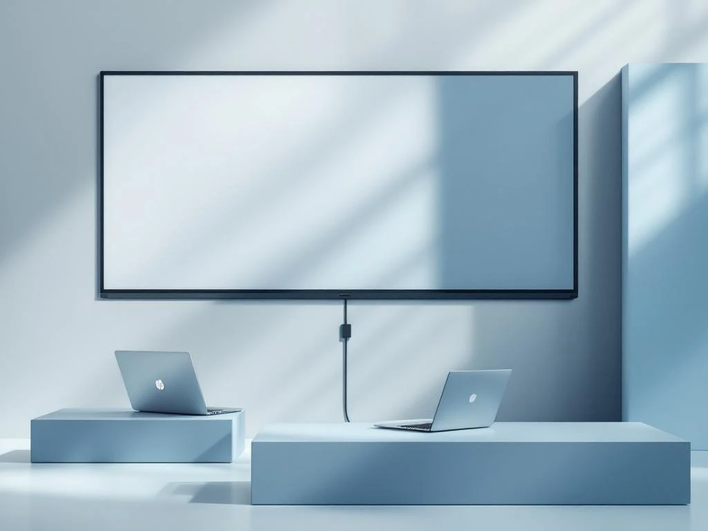 HP laptop verbonden met interactief digitaal whiteboard via HDMI-kabel in minimalistische opstelling met blauwe accenten