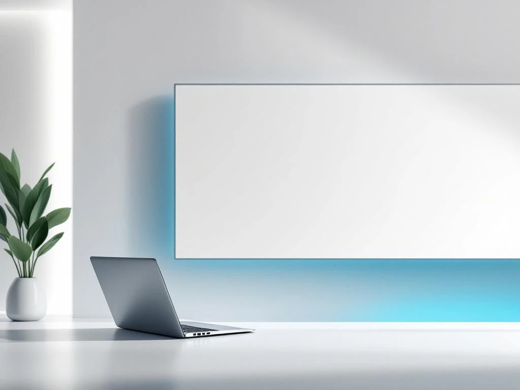 Zilveren Lenovo laptop verbonden met digitaal whiteboard via geometrische lijnen in minimalistische tech opstelling