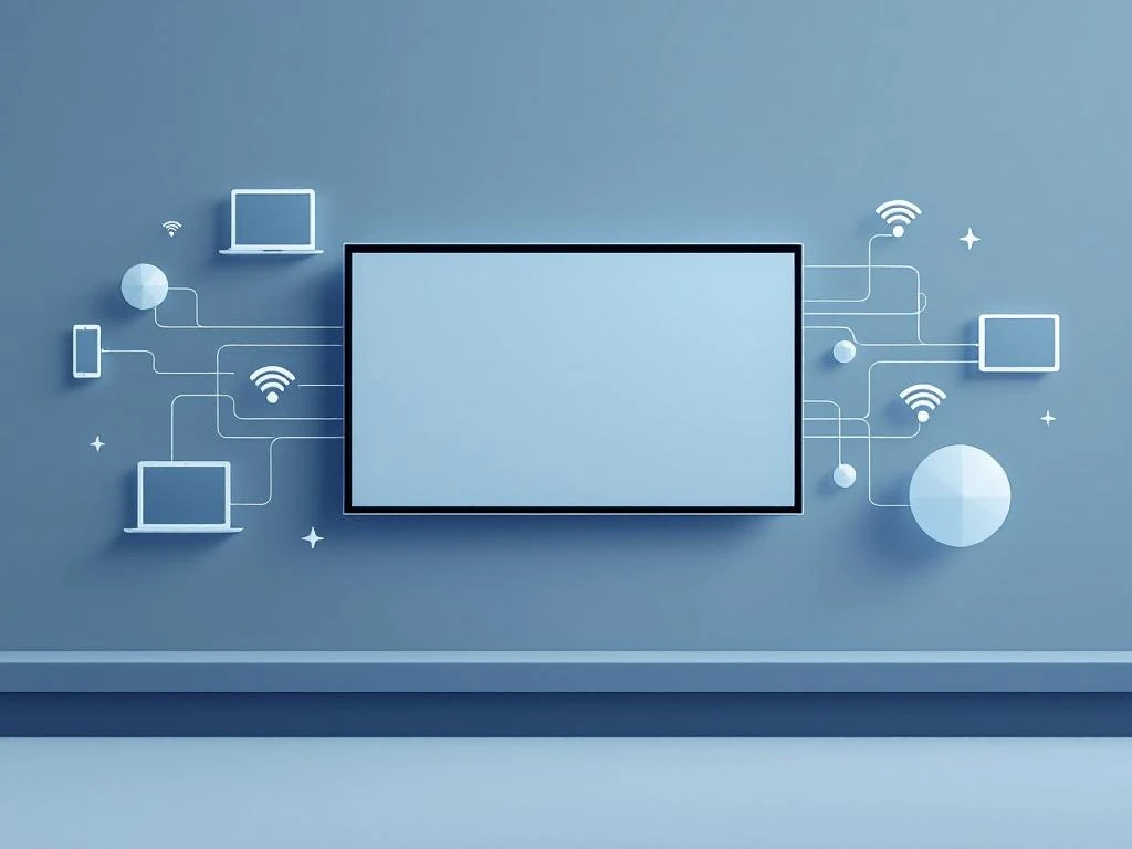 Groot modern presentatiescherm omringd door verbonden laptops, tablets en smartphones in minimalistisch blauw-grijs ontwerp