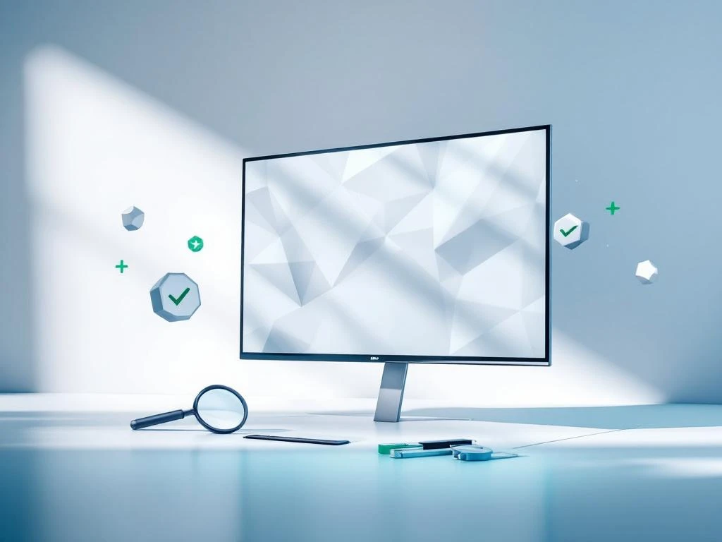 Gerestaureerd presentatiescherm met geometrische patronen, omringd door kwaliteitscontrole-elementen in blauw-zilver tinten