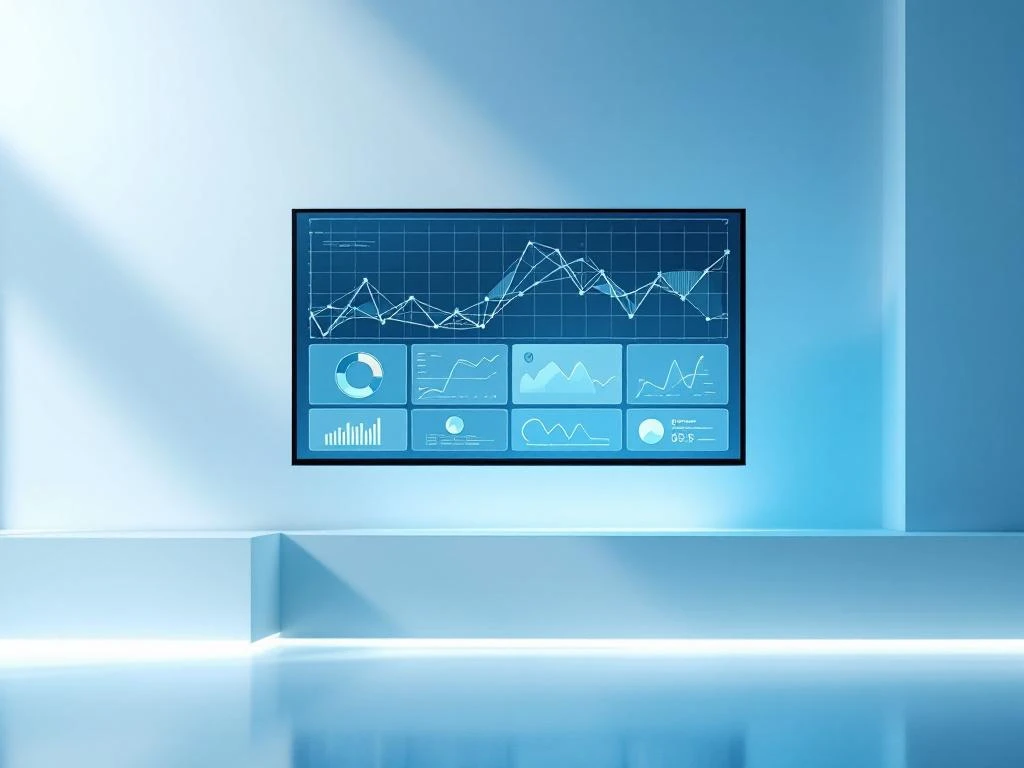 Presentatiescherm met geometrische datavisualisaties in minimalistische blauwe en witte omgeving voor zakelijke technologie