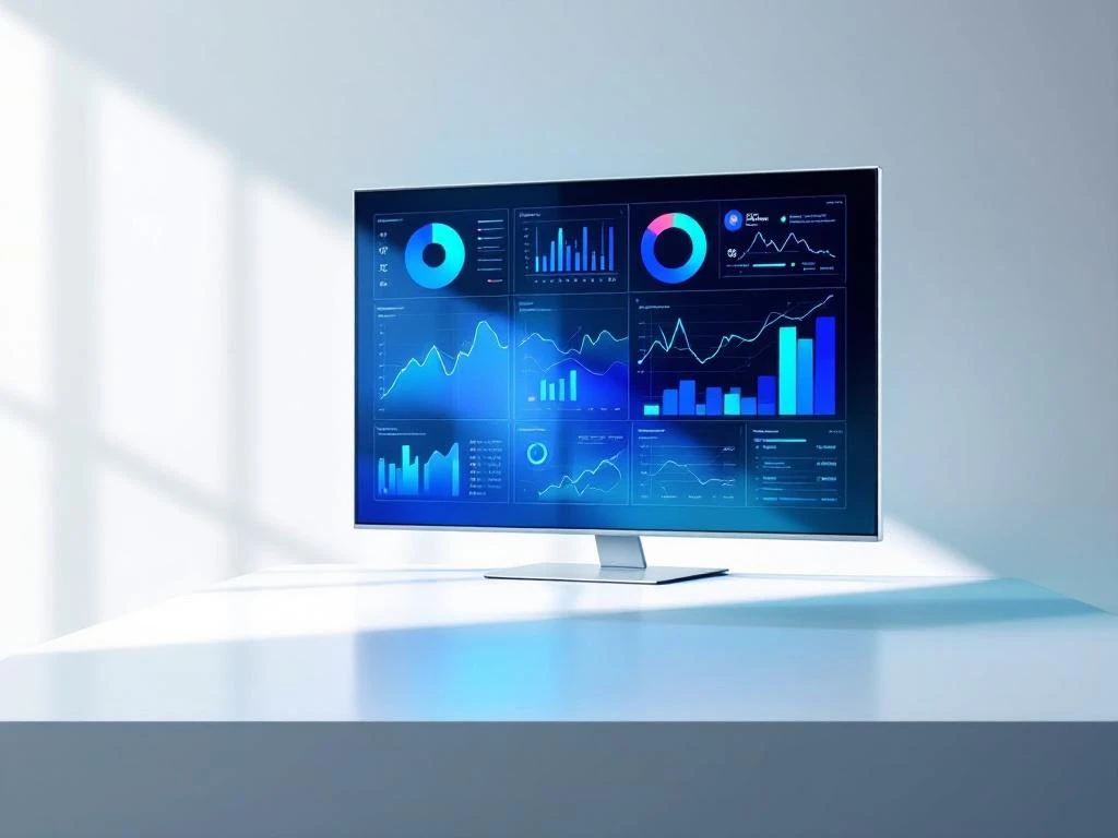 Moderne presentatiescherm met kleurrijke datavisualisaties en grafieken op witte achtergrond met zachte belichting