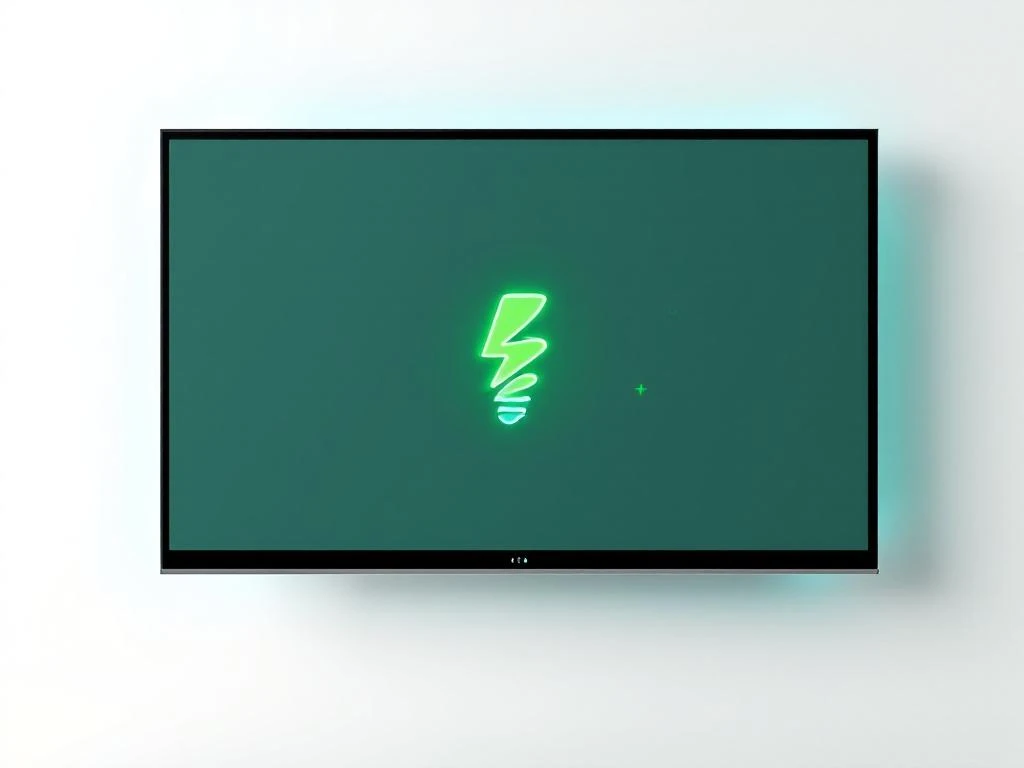 Moderne presentatiescherm met groen energie-efficiëntiesymbool en zwevende eco-technologie iconen op witte achtergrond