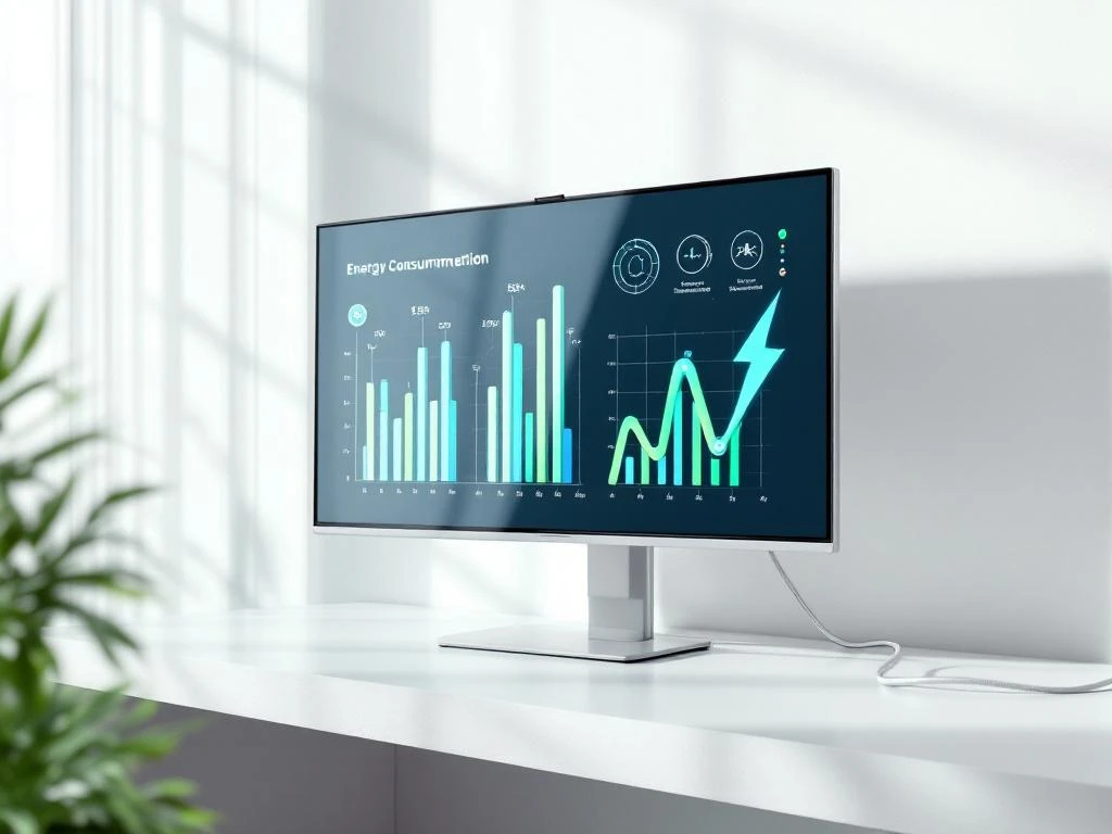 Presentatiescherm met kleurrijke energieverbruik grafieken en bliksemschicht iconen op witte ondergrond