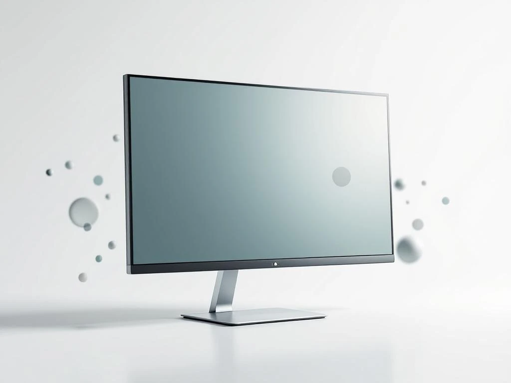 Gereconditioneerd presentatiescherm met geometrische patronen in blauw en groen, minimalistisch ontwerp op witte achtergrond