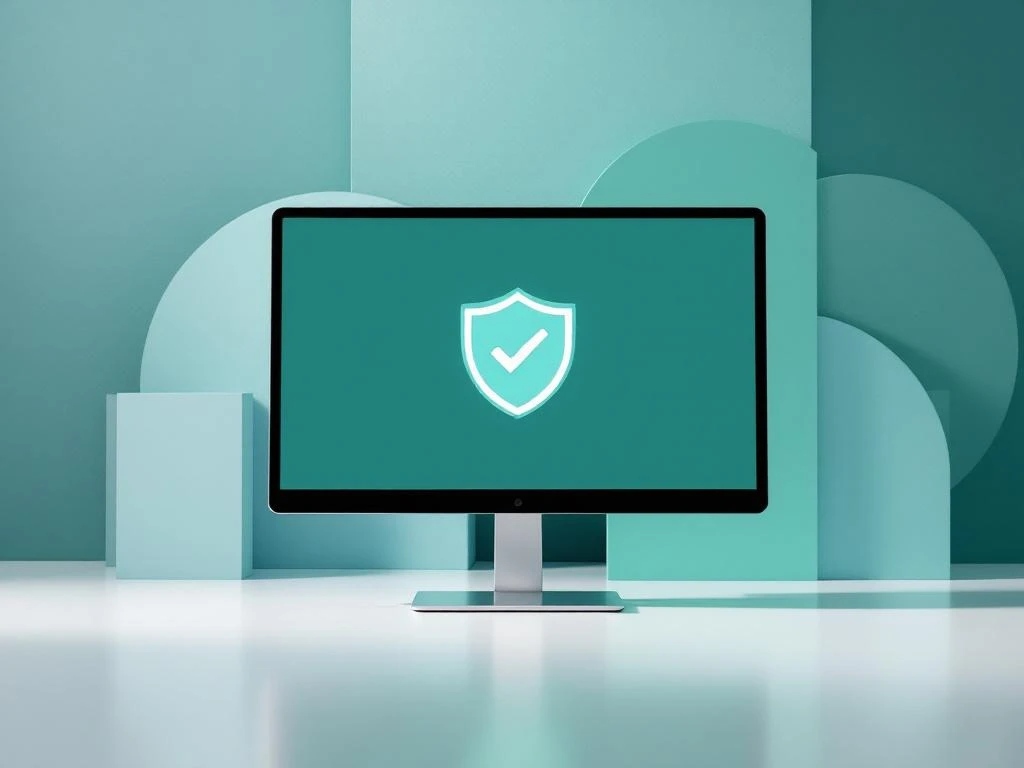 Gereviseerde monitor met groen vinkje op wit oppervlak, geometrische vormen op achtergrond, minimalistisch design