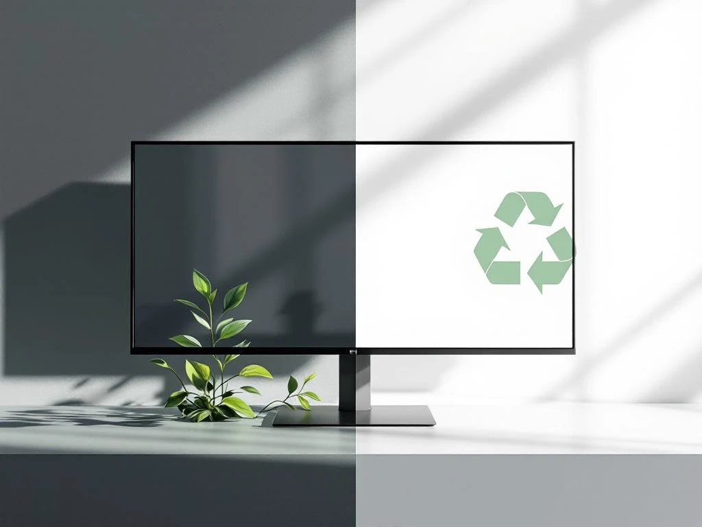 Gereconditioneerde audiovisuele monitor met groene bladeren en recycling-pijlen, duurzame technologie concept