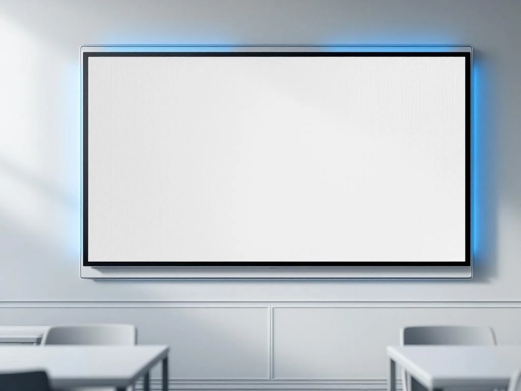 Groot 90-inch interactief digitaal whiteboard gemonteerd op witte muur in moderne klaslokaal met blauwe accentverlichting