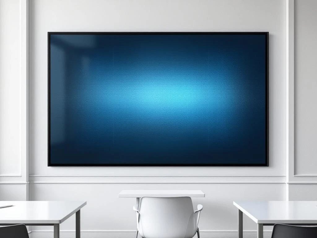 90-inch interactief digitaal whiteboard aan witte muur in moderne klaslokaal met minimalistische inrichting