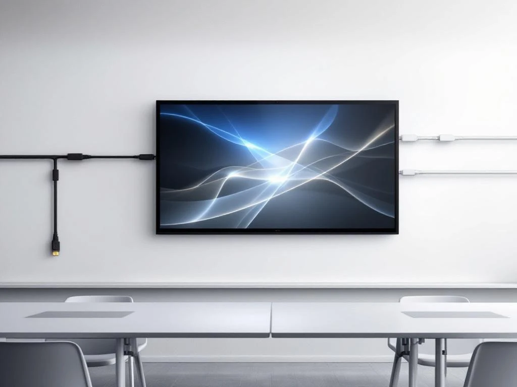 90-inch interactief touchscreen display gemonteerd op moderne muur met kleurrijke aansluitkabels in klaslokaal