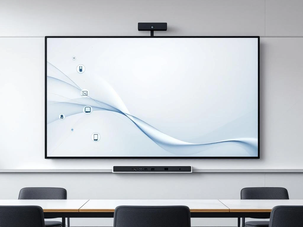 90-inch interactief touchscreen display aan moderne klaslokaalwand met zichtbare aansluitpoorten en verbindingsiconen