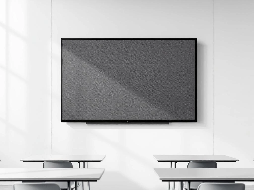 Groot 90-inch interactief touchscreen bevestigd aan witte muur in moderne klaslokaal met professionele montage