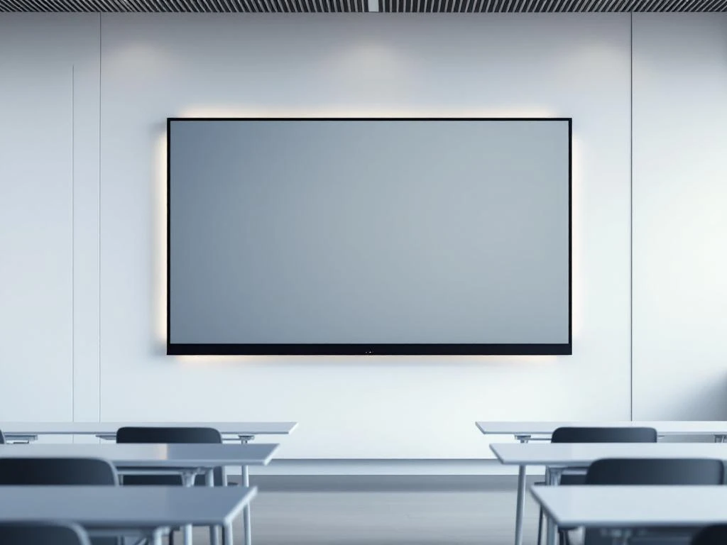 90-inch interactief touchscreen display gemonteerd op witte muur in moderne klaslokaal met ambient verlichting