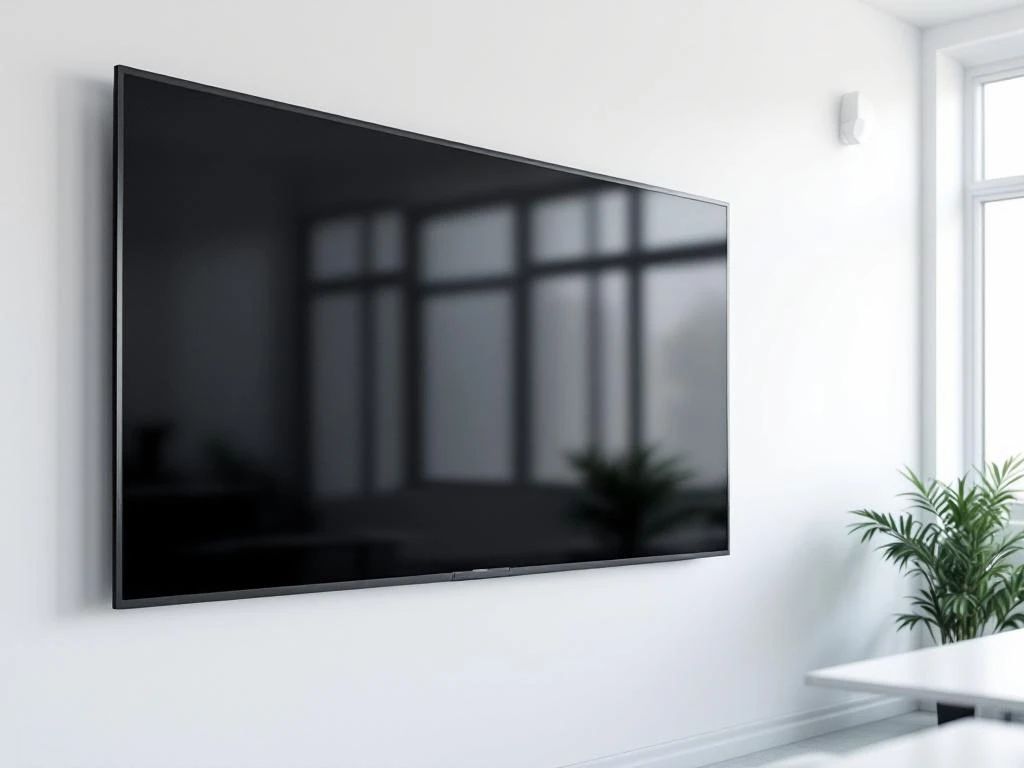 90-inch interactief touchscreen display gemonteerd op witte muur in moderne klaslokaal met zwart reflecterend oppervlak