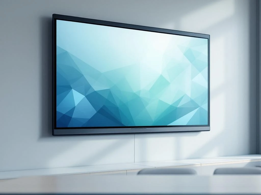 90-inch interactief touchscreen in moderne klaslokaal met blauwe en groene interface-elementen, professioneel gemonteerd