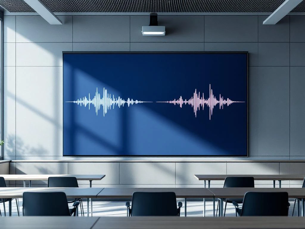 Groot 90-inch interactief touchscreen display gemonteerd in moderne minimalistische klaslokaal met grijsblauwe inrichting