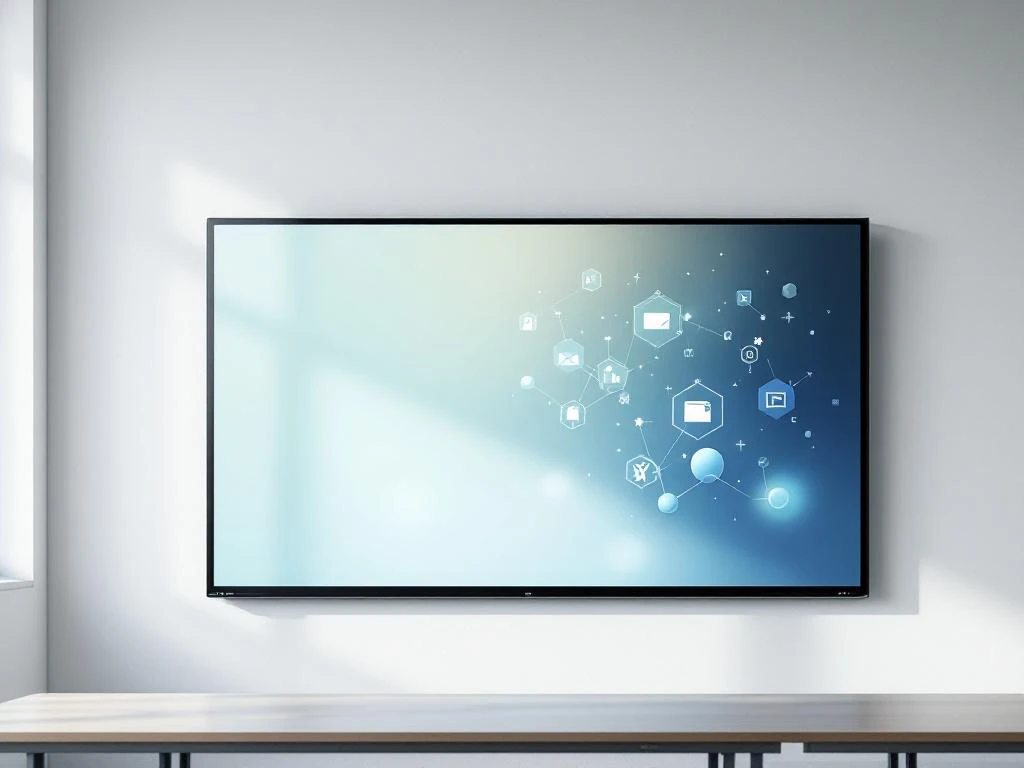 Grote 90-inch interactieve touchscreen met educatieve pictogrammen gemonteerd aan witte muur in moderne klas