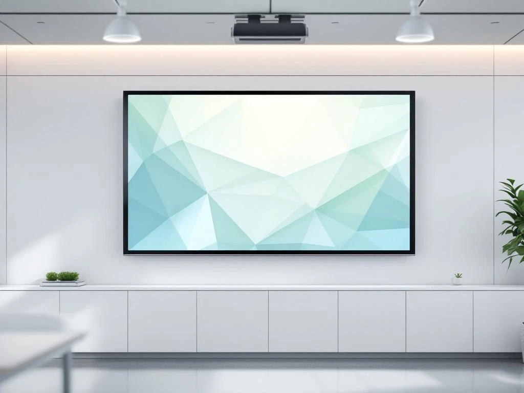90-inch interactief touchscreen display op witte muur in moderne klaslokaal met blauwe en groene interface