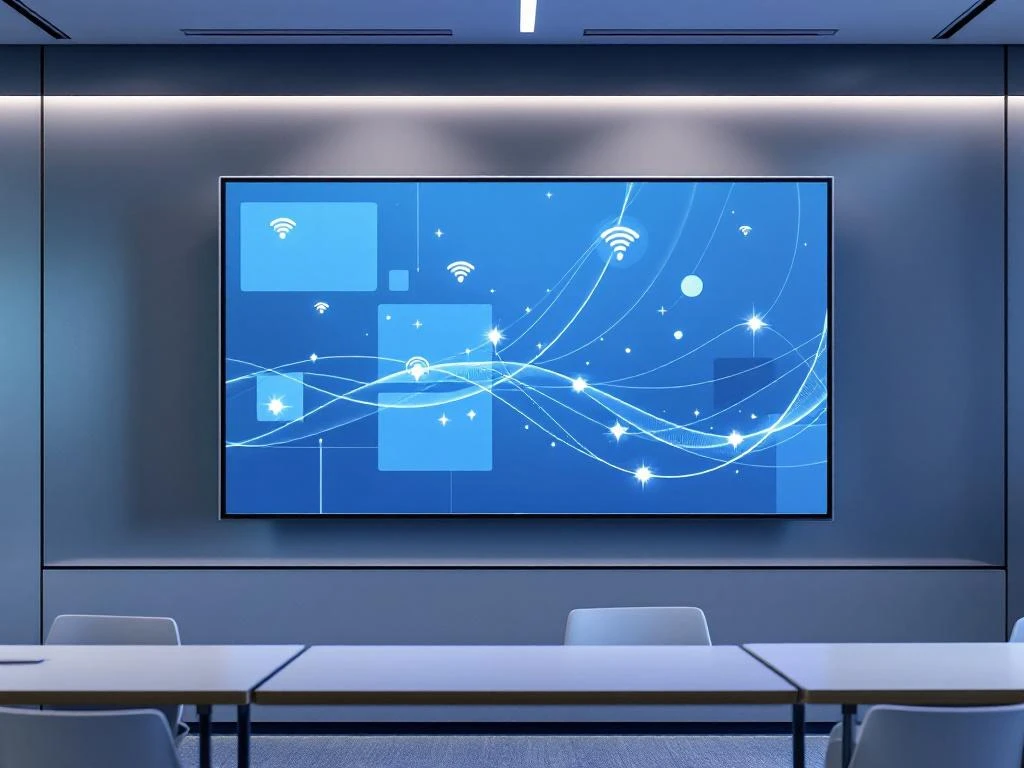 90-inch interactief touchscreen op moderne klaslokaalwand met draadloze connectiviteit en minimalistische interface