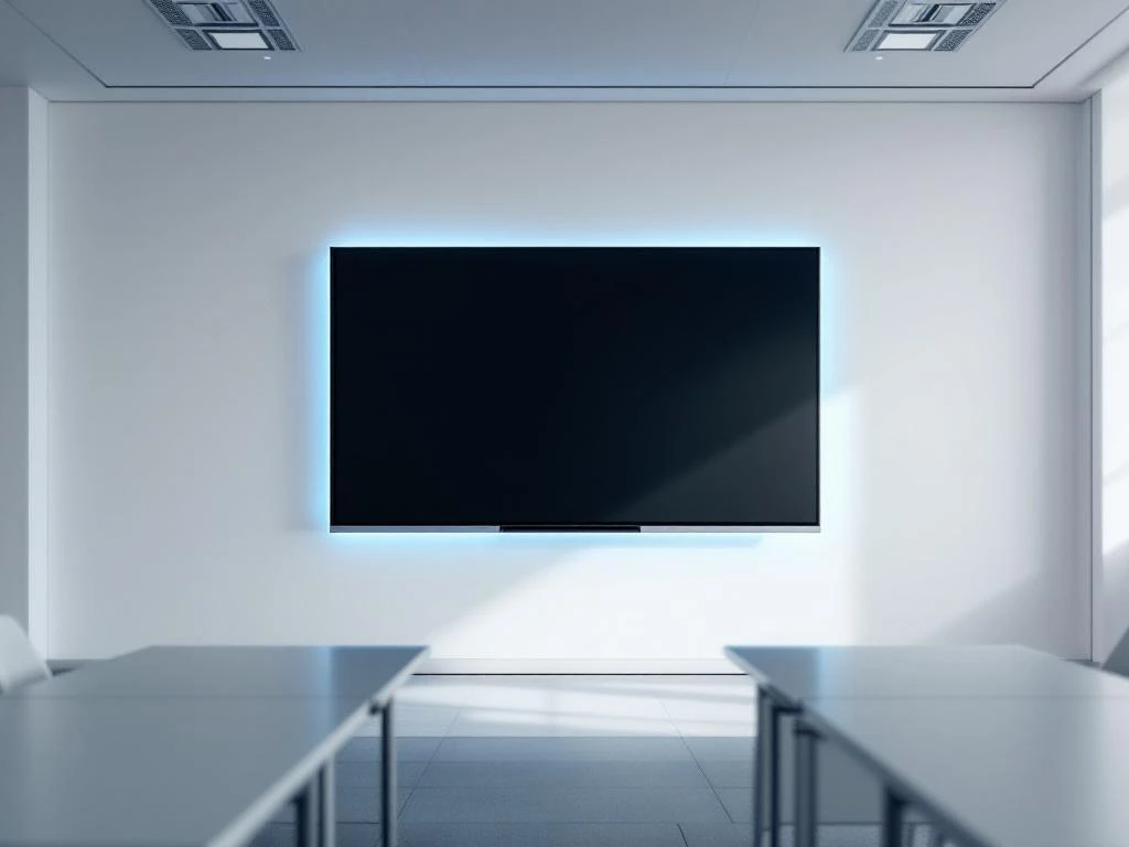 90-inch interactief touchscreen display gemonteerd op witte muur in moderne klaslokaal met blauwe accentverlichting
