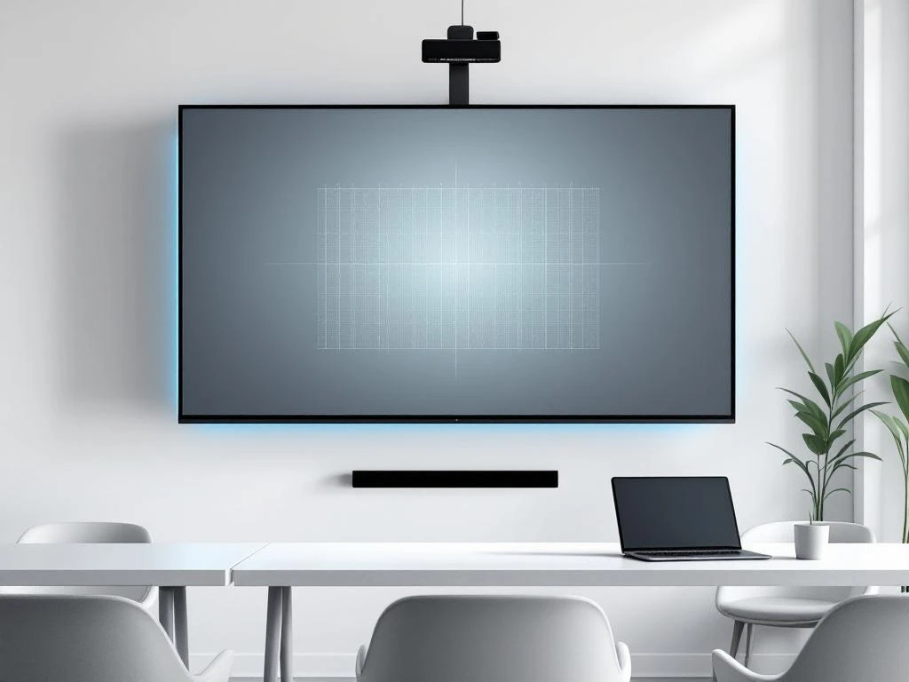 90-inch interactief touchscreen display aan muur in moderne klas met MacBook op bureau, duurzame technologie