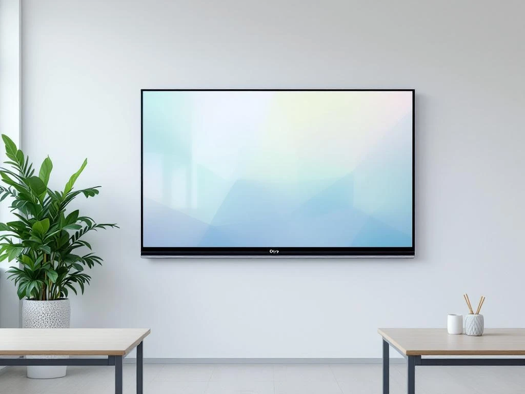 Grote 90-inch interactief touchscreen van Odys gemonteerd aan witte muur in moderne klaslokaal met tekensoftware