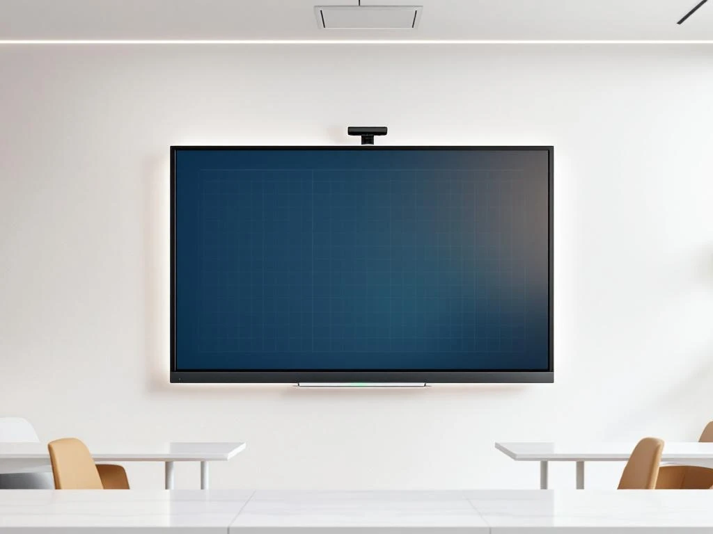 90-inch interactief touchscreen op wandmontage in moderne klaslokaal met blauwe interface en minimalistische inrichting