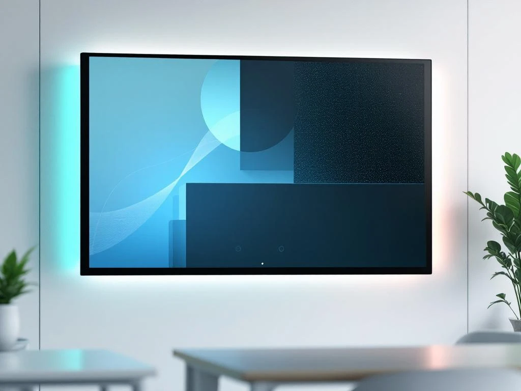 Grote 90-inch interactief touchscreen op wandmontage in moderne klas met minimalistisch interface en blauwe accenten