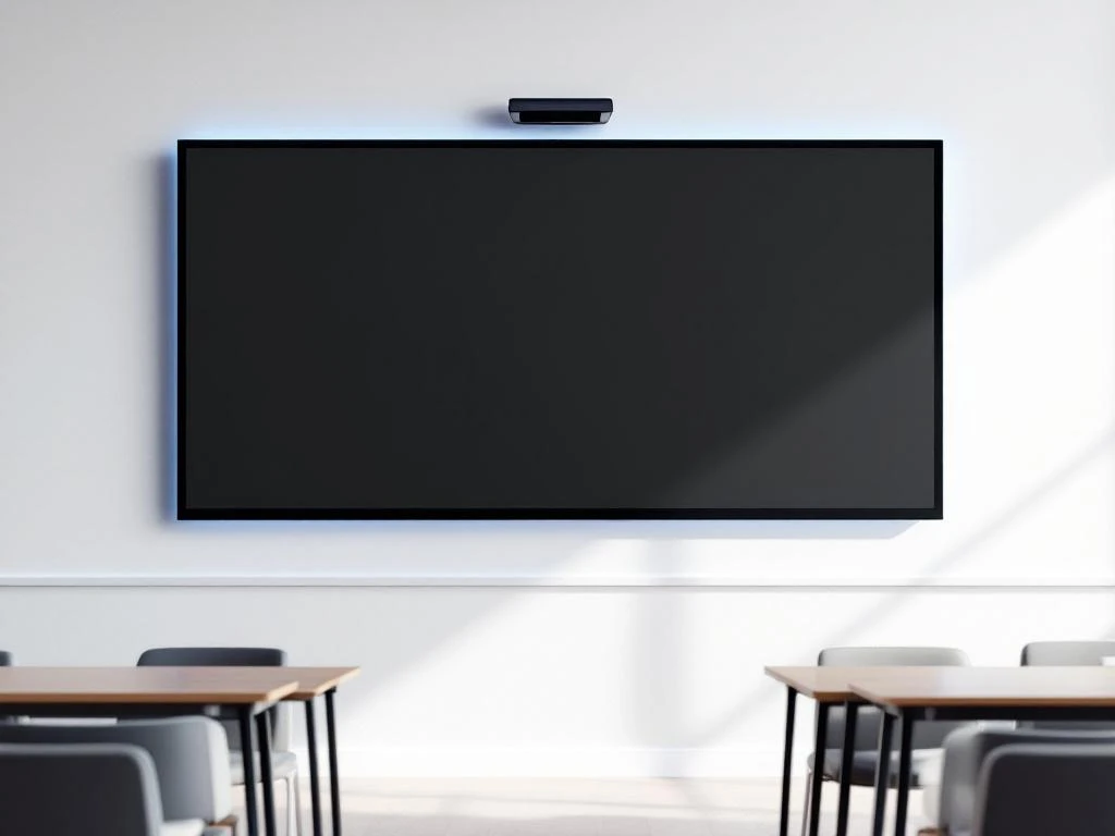 90-inch interactief touchscreen display met zwarte rand en blauwe verlichting gemonteerd op witte muur in moderne klas