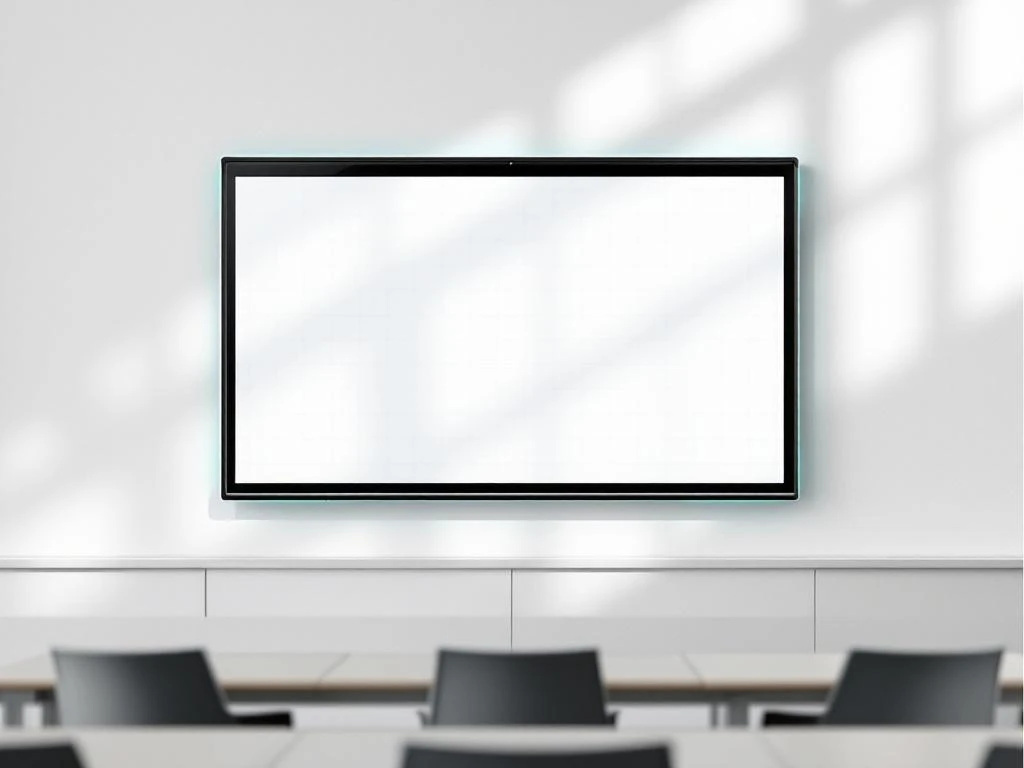 90-inch interactief touchscreen display met groene verlichting gemonteerd op witte muur in moderne klaslokaal