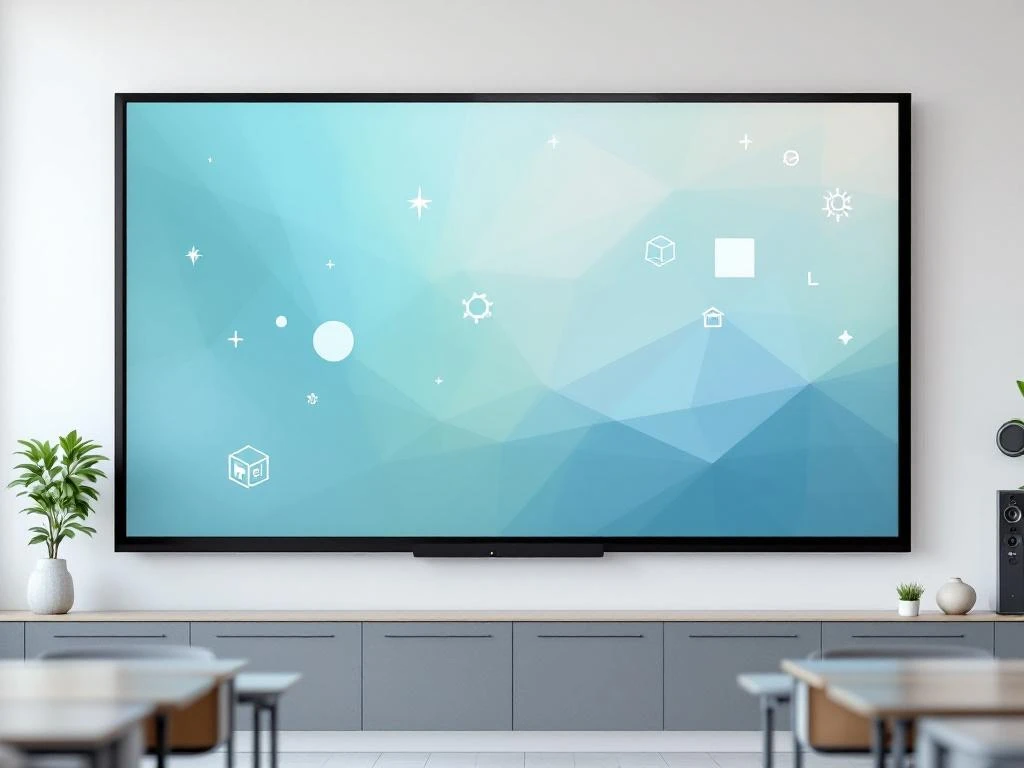 90-inch interactief touchscreen display aan witte muur in moderne klas met educatieve pictogrammen en ambient verlichting