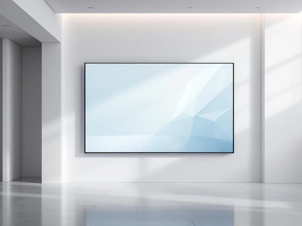 90-inch interactief touchscreen display gemonteerd op witte muur in moderne minimalistische ruimte met blauwe interface