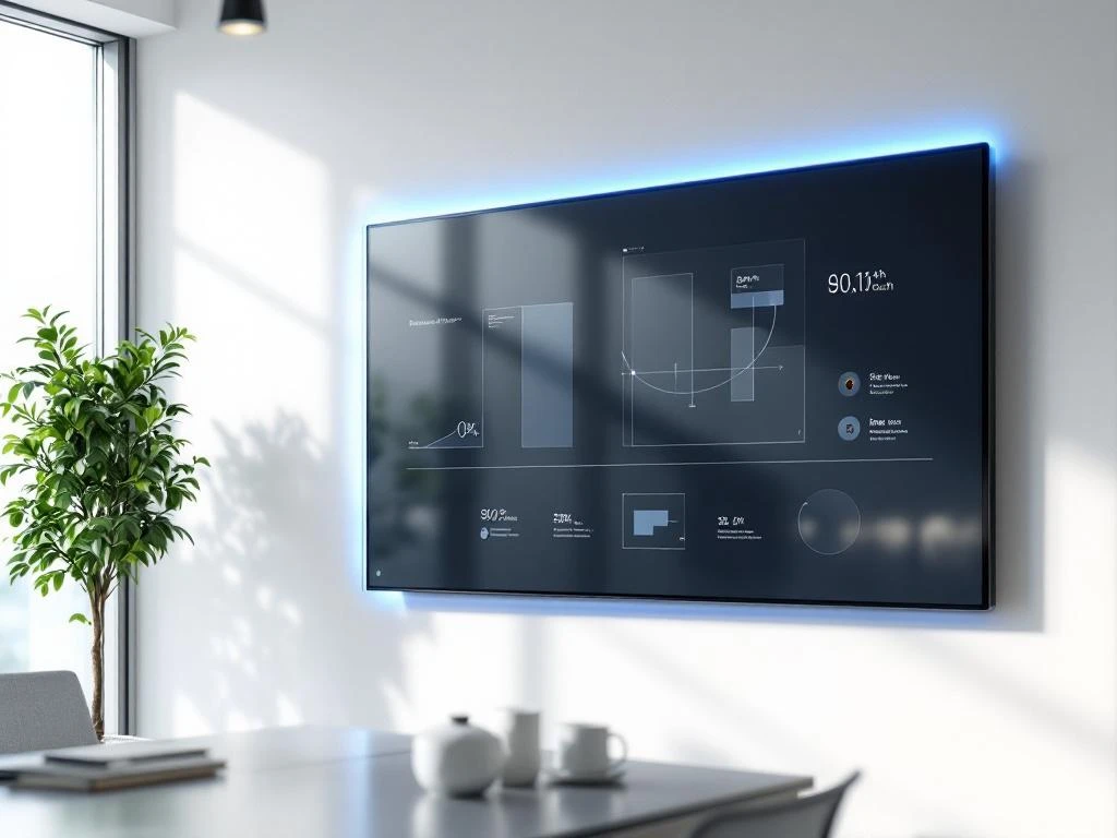 Grote 90-inch interactieve touchscreen display gemonteerd op witte muur in moderne presentatieruimte met blauwe verlichting