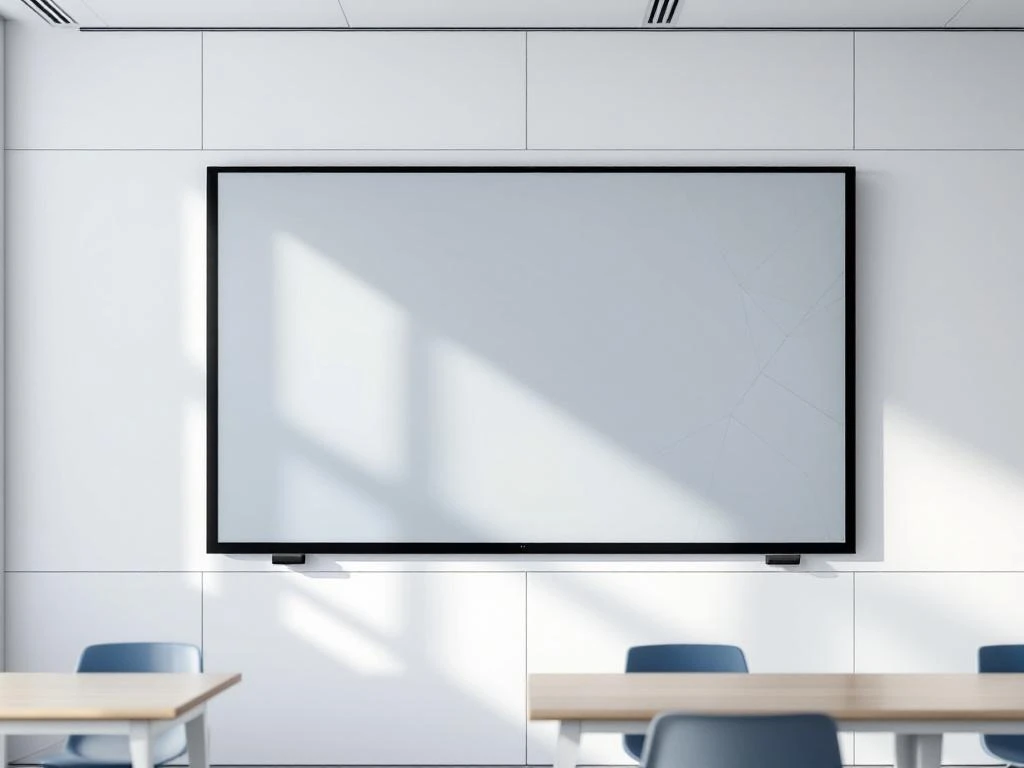 90-inch interactief digitaal touchscreen op witte muur in moderne klaslokaal met geometrische interface