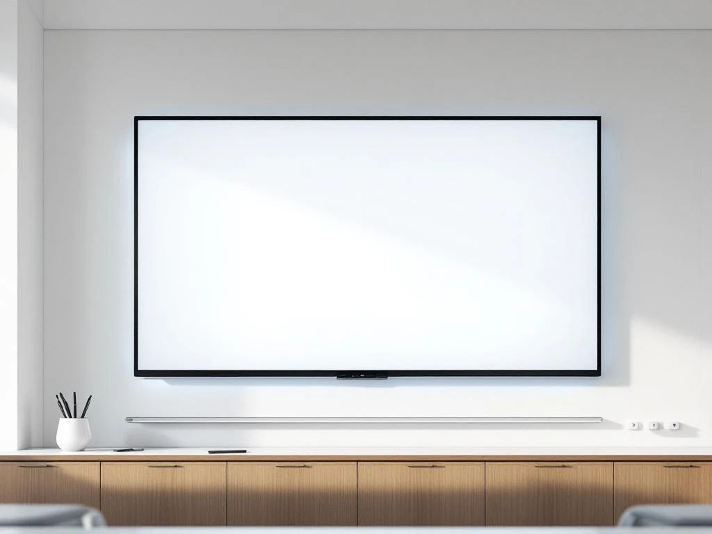 Groot 90-inch interactief touchscreen display aan moderne klaslokaalwand met stylus pennen en minimalistische inrichting