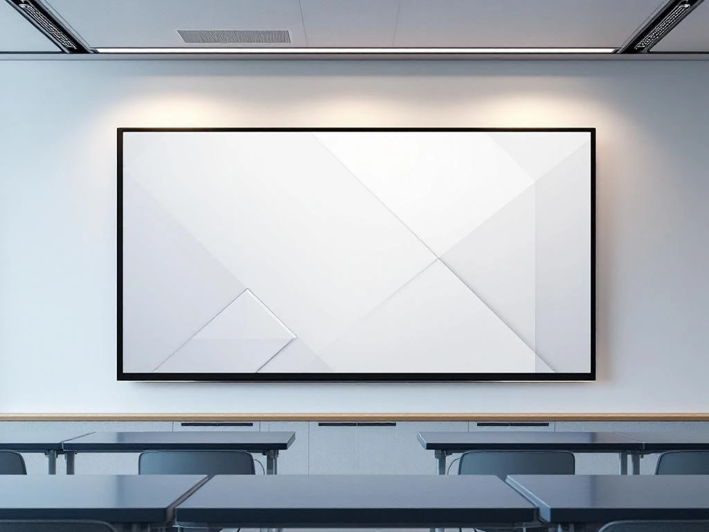 Groot 90-inch interactief touchscreen display aan witte muur in moderne klaslokaal met blauwe accentverlichting