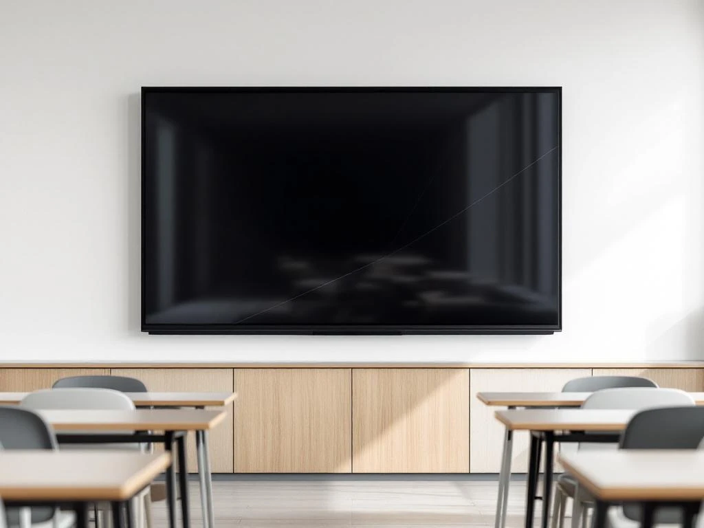90-inch interactief touchscreen display gemonteerd aan witte muur in minimalistische klaslokaal setting