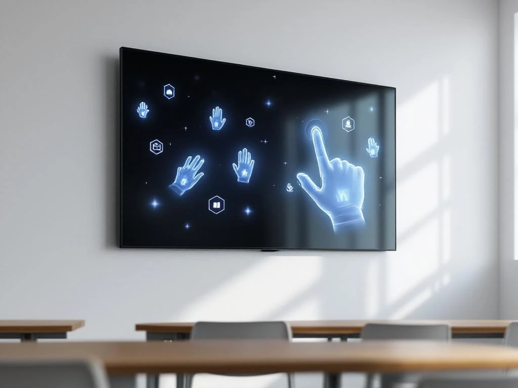 90-inch interactief touchscreen op witte muur met blauwe aanraakpunten die multi-touch functionaliteit tonen