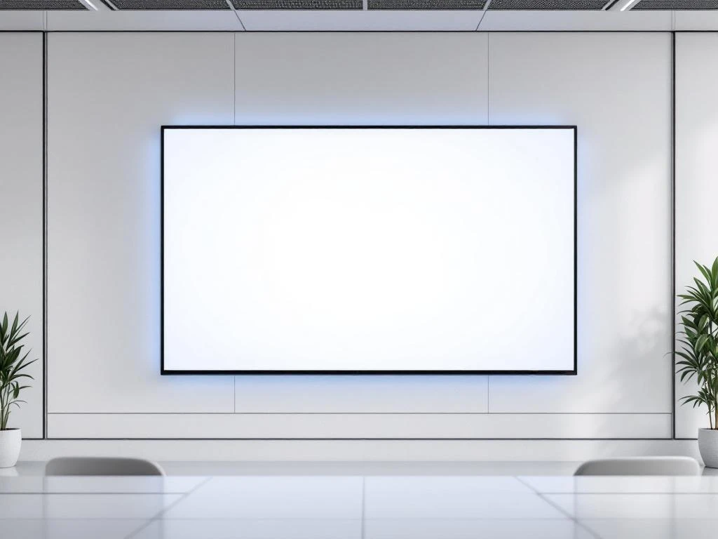 90-inch interactief touchscreen display aan witte muur in minimalistische klaslokaal met blauwe accentverlichting